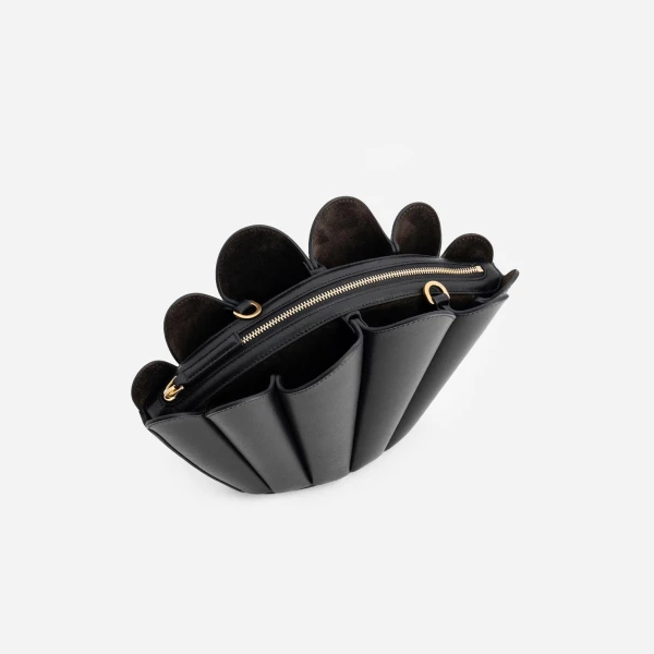 Mlouye Seashell Crossbody - Black Bag a Architectural Leather Handbag in Black at Coveti Luxury