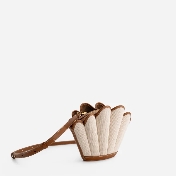 Mlouye Seashell Crossbody - Canvas Bag a Architectural Leather Handbag in Beige at Coveti Luxury
