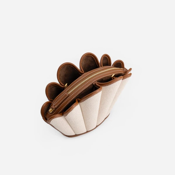 Mlouye Seashell Crossbody - Canvas Bag a Architectural Leather Handbag in Beige at Coveti Luxury