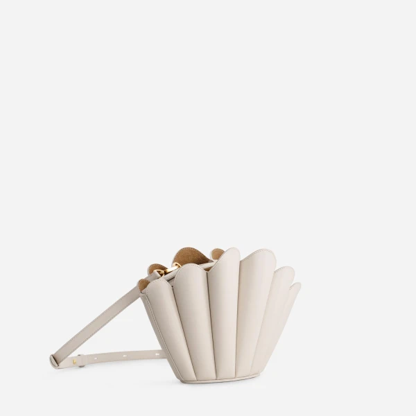 Mlouye Seashell Crossbody - Dove Bag a Architectural Leather Handbag in White at Coveti Luxury