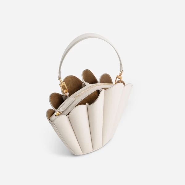 Mlouye Seashell Crossbody - Dove Bag a Architectural Leather Handbag in White at Coveti Luxury
