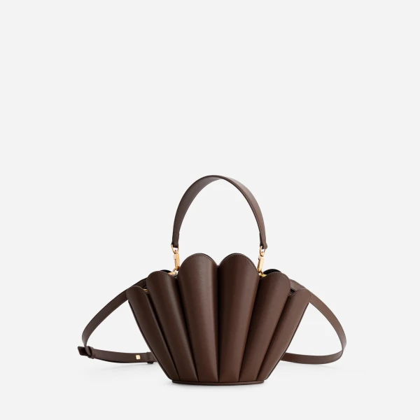 Mlouye Seashell Crossbody - Espresso Bag a Architectural Leather Handbag in Brown at Coveti Luxury