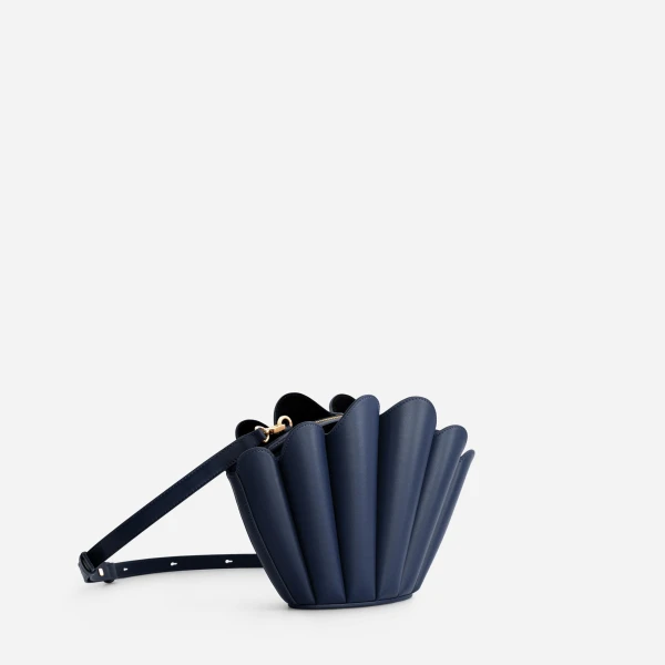 Mlouye Seashell Crossbody - Navy Bag a Architectural Leather Handbag in Blue at Coveti Luxury