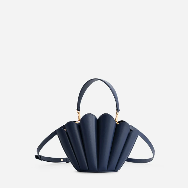 Mlouye Seashell Crossbody - Navy Bag a Architectural Leather Handbag in Blue at Coveti Luxury