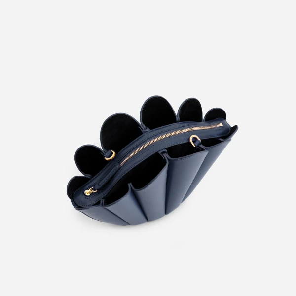 Mlouye Seashell Crossbody - Navy Bag a Architectural Leather Handbag in Blue at Coveti Luxury