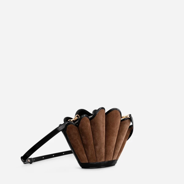 Mlouye Seashell Crossbody - Suede Espresso Bag a Architectural Leather Handbag in Brown at Coveti Luxury