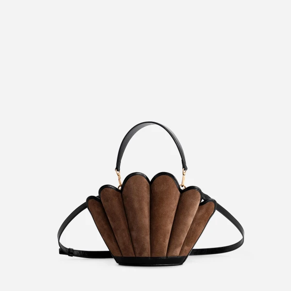 Mlouye Seashell Crossbody - Suede Espresso Bag a Architectural Leather Handbag in Brown at Coveti Luxury