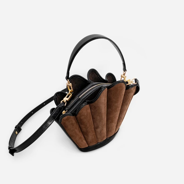 Mlouye Seashell Crossbody - Suede Espresso Bag a Architectural Leather Handbag in Brown at Coveti Luxury