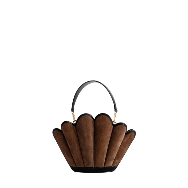 Mlouye Seashell Crossbody - Suede Espresso Bag a Architectural Leather Handbag in Brown at Coveti Luxury