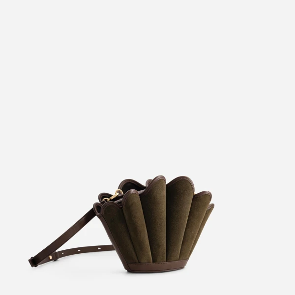 Mlouye Seashell Crossbody - Suede Moss Bag a Architectural Leather Handbag in Brown at Coveti Luxury