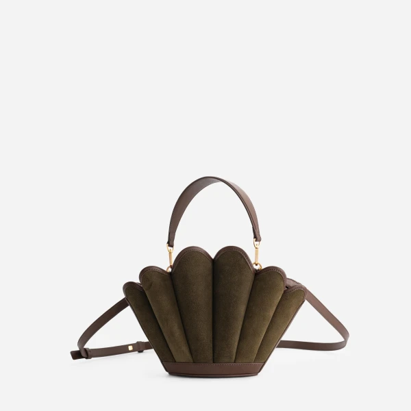 Mlouye Seashell Crossbody - Suede Moss Bag a Architectural Leather Handbag in Brown at Coveti Luxury