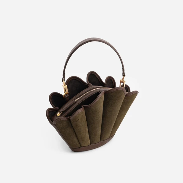 Mlouye Seashell Crossbody - Suede Moss Bag a Architectural Leather Handbag in Brown at Coveti Luxury