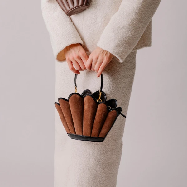 Mlouye Seashell Crossbody - Suede Espresso Bag a Architectural Leather Handbag in Brown at Coveti Luxury