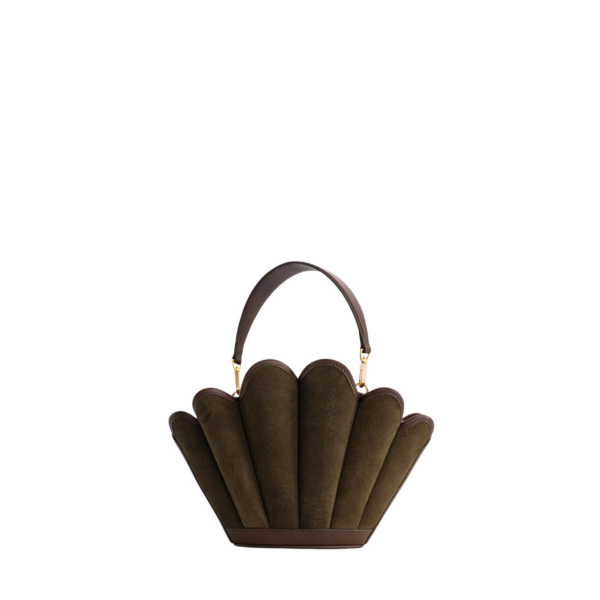 Mlouye Seashell Crossbody - Suede Moss Bag a Architectural Leather Handbag in Brown at Coveti Luxury
