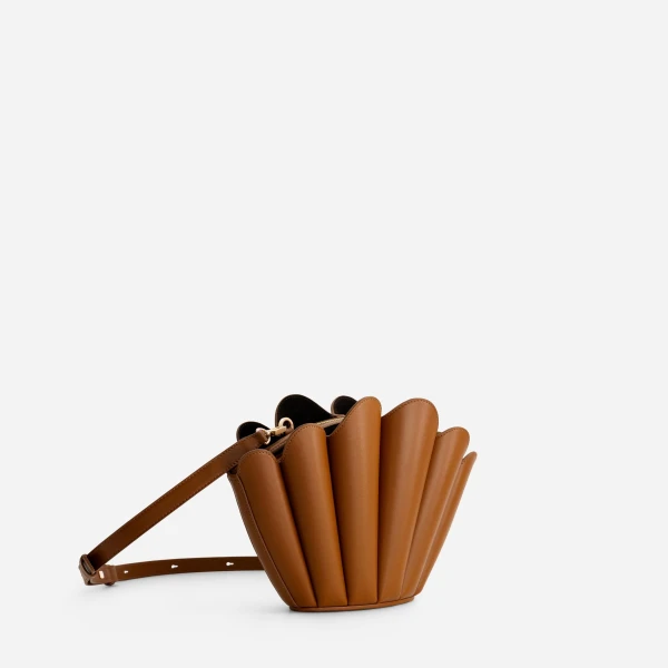 Mlouye Seashell Crossbody - Tan Bag a Architectural Leather Handbag in Brown at Coveti Luxury