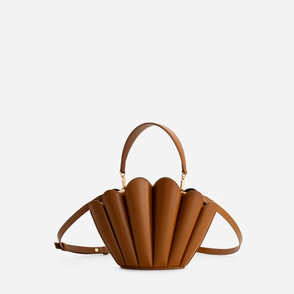 Mlouye Seashell Crossbody - Tan Bag a Architectural Leather Handbag in Brown at Coveti Luxury