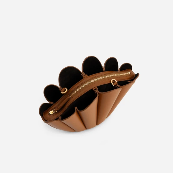 Mlouye Seashell Crossbody - Tan Bag a Architectural Leather Handbag in Brown at Coveti Luxury