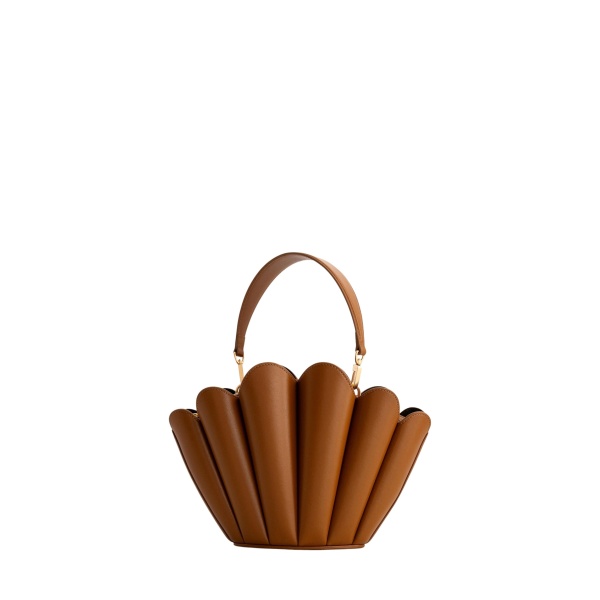 Mlouye Seashell Crossbody - Tan Bag a Architectural Leather Handbag in Brown at Coveti Luxury