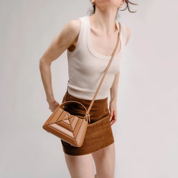 Mlouye Sera Mia - Suede Espresso Bag a Architectural Leather Handbag in Brown at Coveti Luxury
