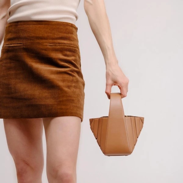 Mlouye Sera Mia - Suede Espresso Bag a Architectural Leather Handbag in Brown at Coveti Luxury