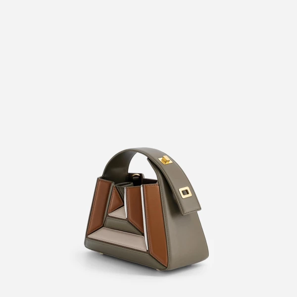 Mlouye Sera Mia - Camo Bag a Architectural Leather Handbag in Brown at Coveti Luxury