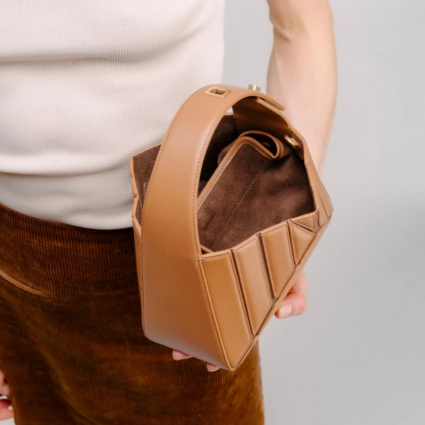 Mlouye Sera Mia - Espresso Bag a Architectural Leather Handbag in Brown at Coveti Luxury