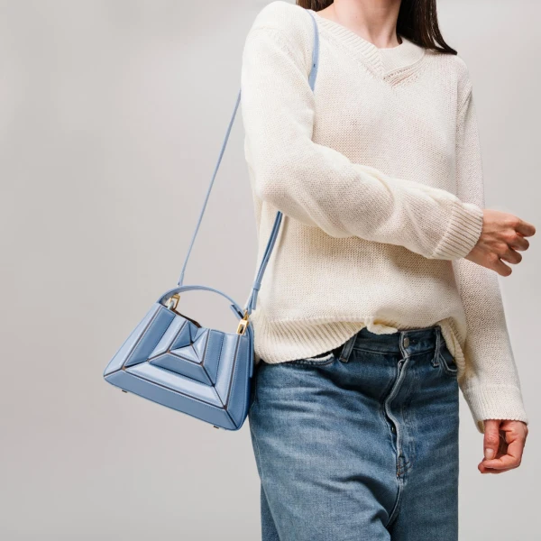 Mlouye Sera Mia - Naplak Navy Bag a Architectural Leather Handbag in Blue at Coveti Luxury