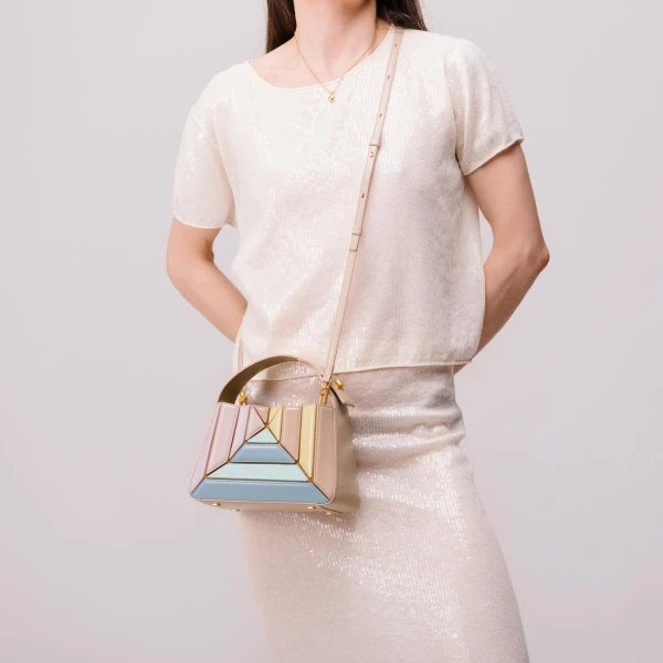 Mlouye Sera Mia - Suede Moss Bag a Architectural Leather Handbag in Brown at Coveti Luxury