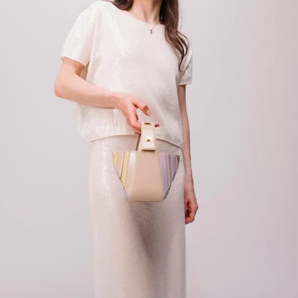 Mlouye Sera Mia - Suede Moss Bag a Architectural Leather Handbag in Brown at Coveti Luxury