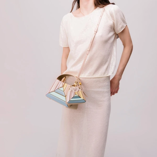 Mlouye Sera Mia - Suede Moss Bag a Architectural Leather Handbag in Brown at Coveti Luxury