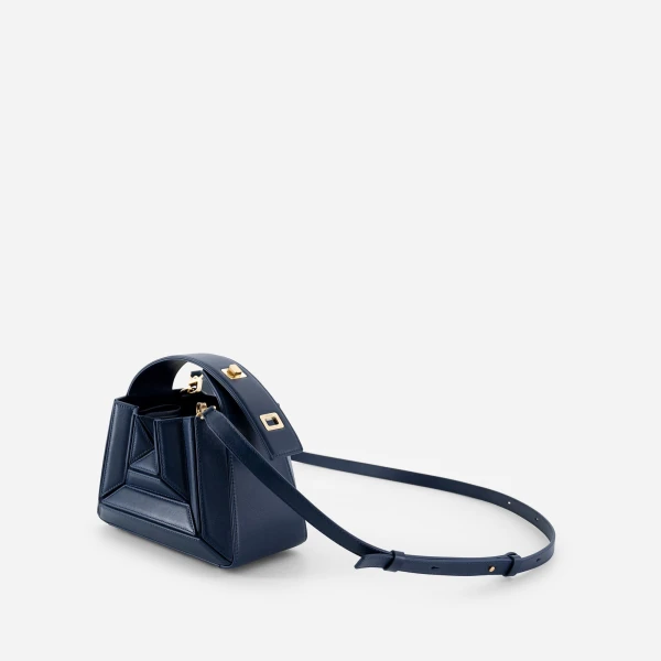 Mlouye Sera Mia - Navy Bag a Architectural Leather Handbag in Blue at Coveti Luxury