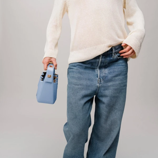 Mlouye Sera Mia - Naplak Navy Bag a Architectural Leather Handbag in Blue at Coveti Luxury