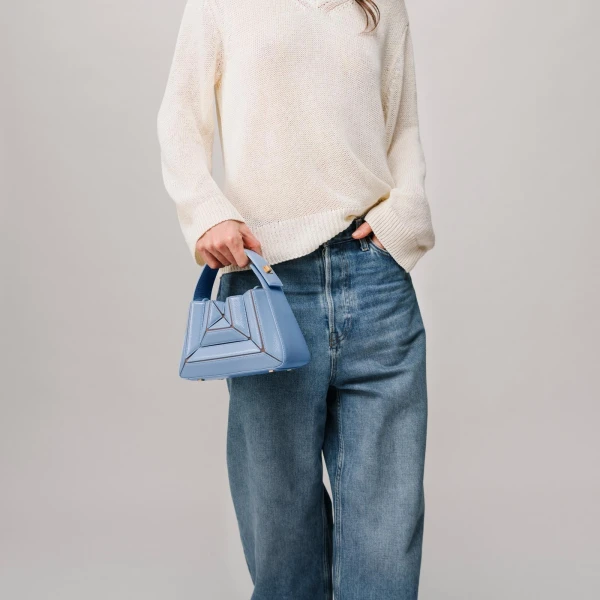 Mlouye Sera Mia - Naplak Navy Bag a Architectural Leather Handbag in Blue at Coveti Luxury
