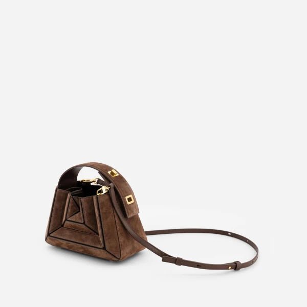 Mlouye Sera Mia - Suede Espresso Bag a Architectural Leather Handbag in Brown at Coveti Luxury