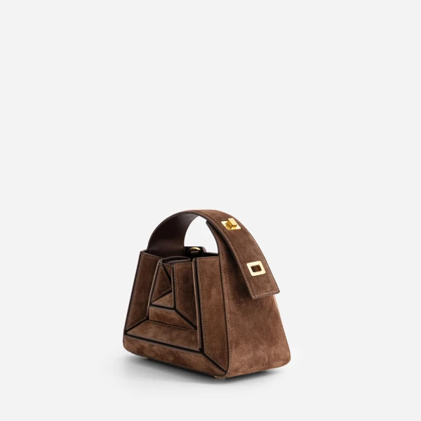 Mlouye Sera Mia - Suede Espresso Bag a Architectural Leather Handbag in Brown at Coveti Luxury