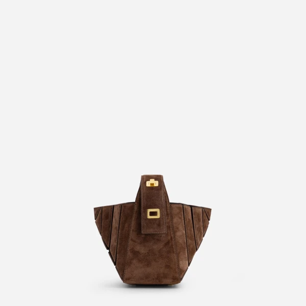 Mlouye Sera Mia - Suede Espresso Bag a Architectural Leather Handbag in Brown at Coveti Luxury