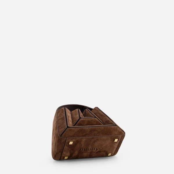 Mlouye Sera Mia - Suede Espresso Bag a Architectural Leather Handbag in Brown at Coveti Luxury