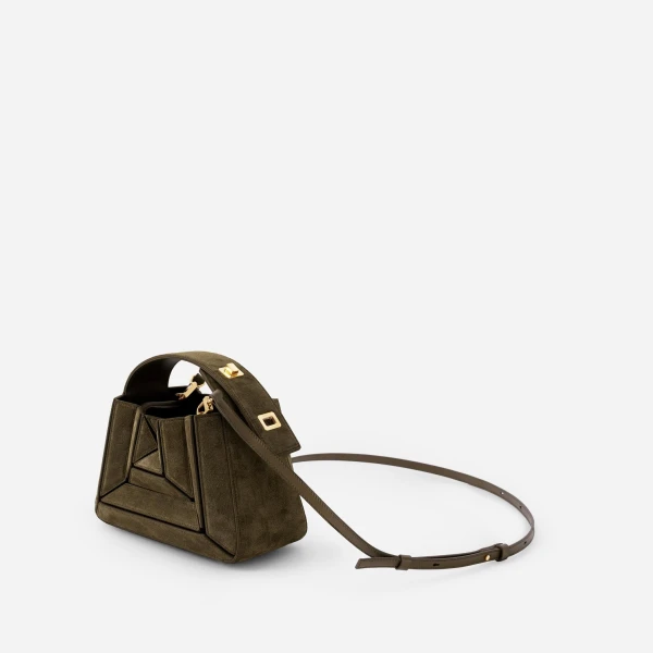 Mlouye Sera Mia - Suede Moss Bag a Architectural Leather Handbag in Brown at Coveti Luxury