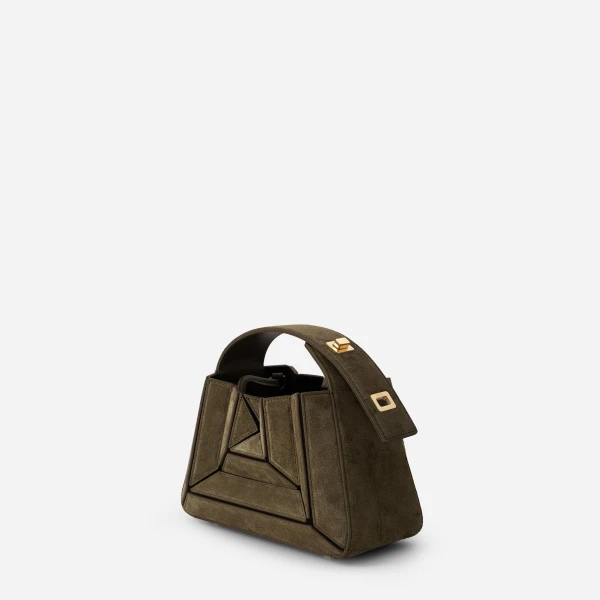 Mlouye Sera Mia - Suede Moss Bag a Architectural Leather Handbag in Brown at Coveti Luxury