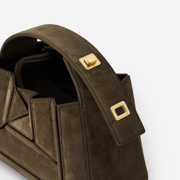 Mlouye Sera Mia - Suede Moss Bag a Architectural Leather Handbag in Brown at Coveti Luxury