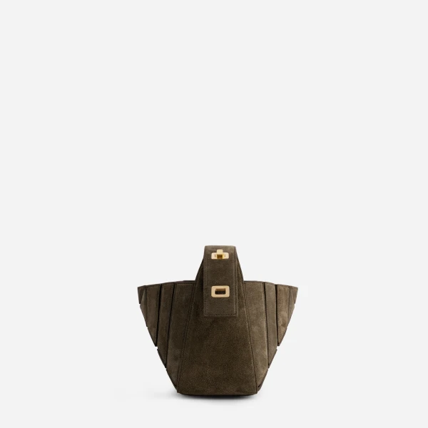 Mlouye Sera Mia - Suede Moss Bag a Architectural Leather Handbag in Brown at Coveti Luxury