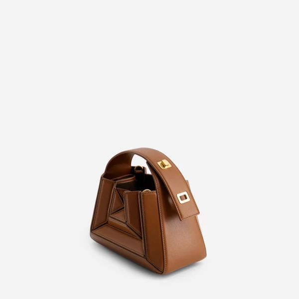 Mlouye Sera Mia - Tan Bag a Architectural Leather Handbag in Brown at Coveti Luxury