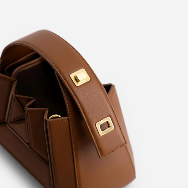Mlouye Sera Mia - Tan Bag a Architectural Leather Handbag in Brown at Coveti Luxury