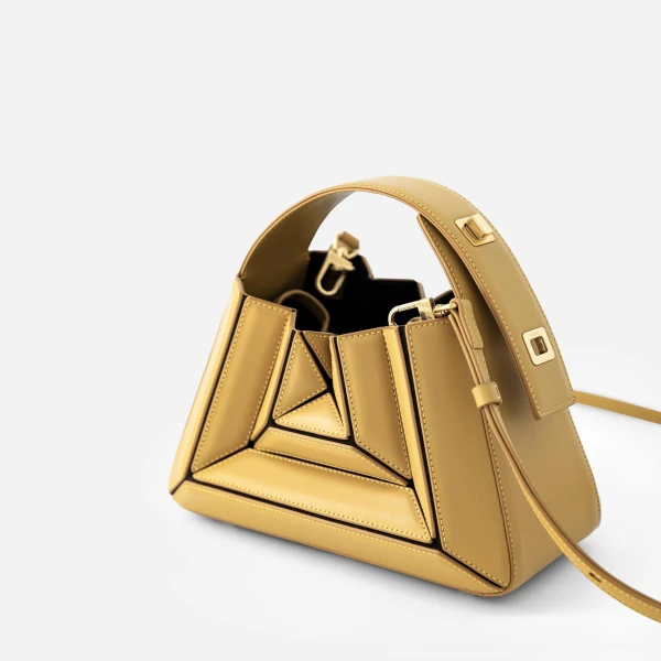 Mlouye Sera Mia - Vintage Yellow Bag a Architectural Leather Handbag in Yellow at Coveti Luxury
