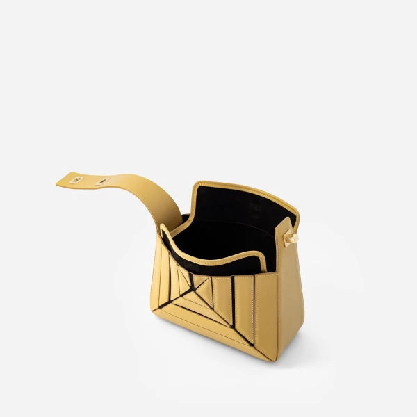 Mlouye Sera Mia - Vintage Yellow Bag a Architectural Leather Handbag in Yellow at Coveti Luxury