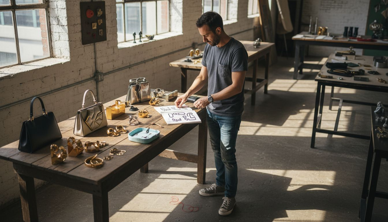 Designer arranging bold sculptural luxury accessories