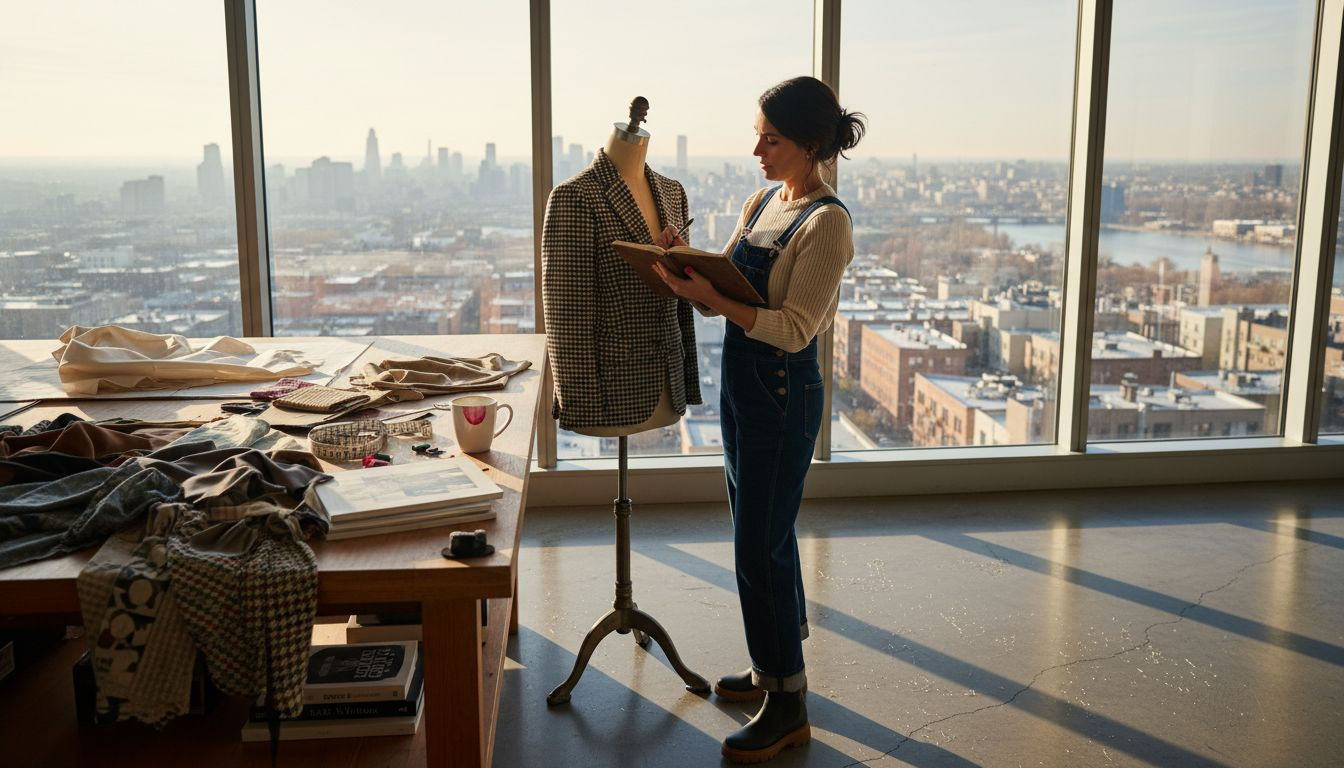 Designer adjusting garment in modern studio