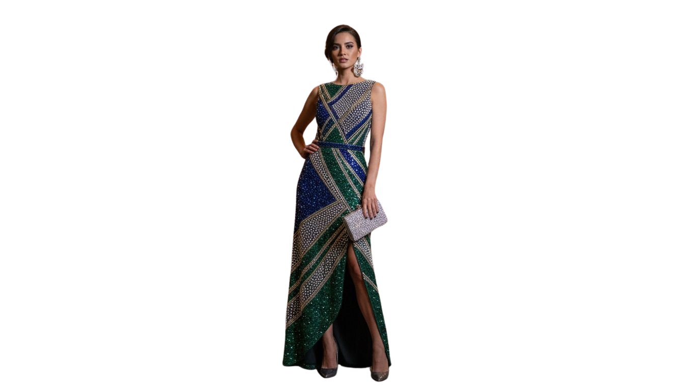 Woman in bold luxury gown outside event venue