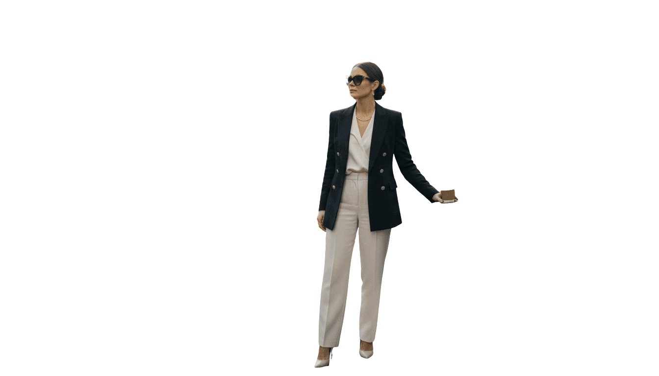 Woman in luxury outfit at city crosswalk