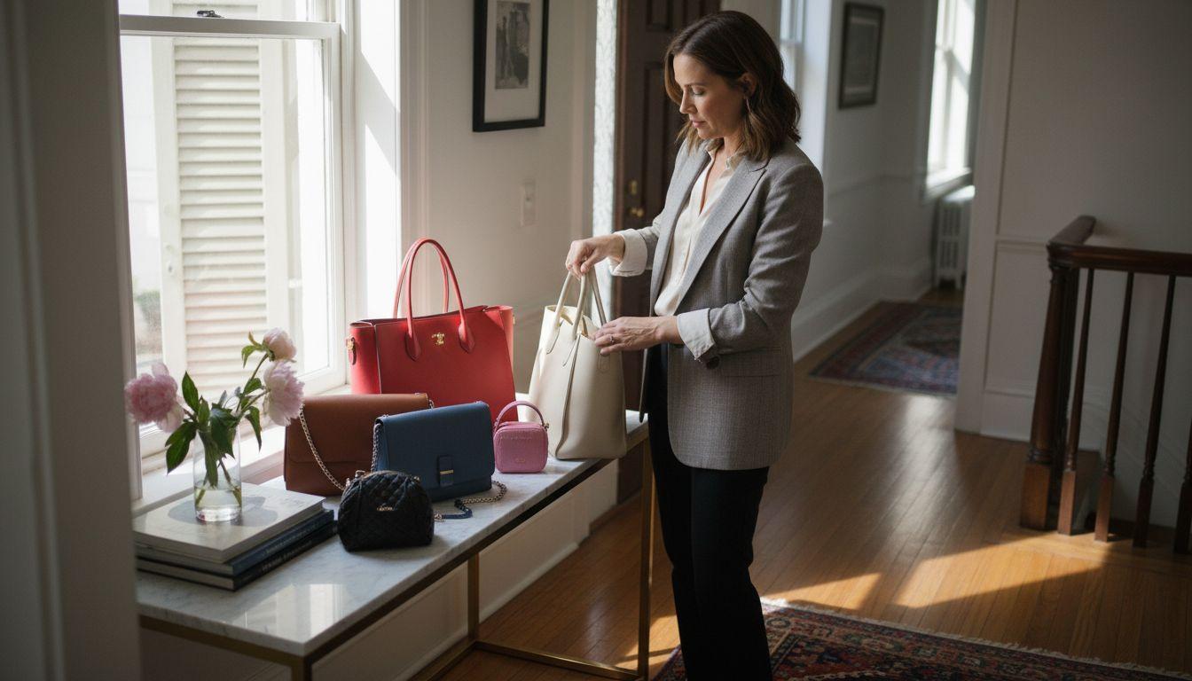 Woman arranges six designer handbags on entryway table